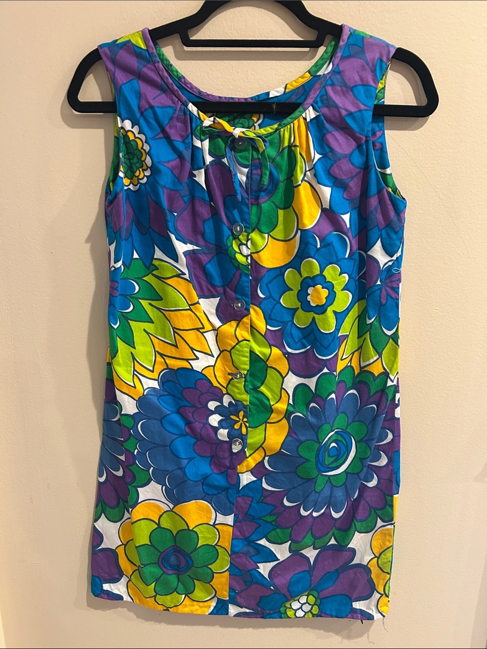 Vintage 1960’s Sleeveless Floral Shift Dress - Blue, Green & Yellow Sz Small